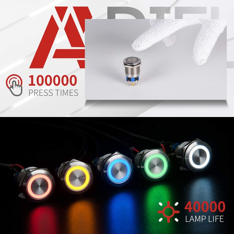 APIELE 22mm Momentary Push Button Switch 12V Angel Eye LED Waterproof Stainless Steel Round Metal Self-Reset 7/8'' 1NO 1NC with Pigtail (Blue) - Image 5